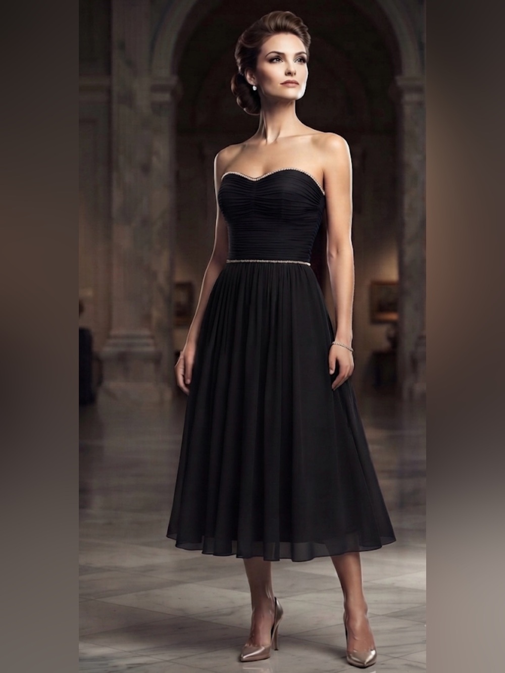 A.J Bari Vintage Strapless Black Midi Dress with Rhinestone Trim